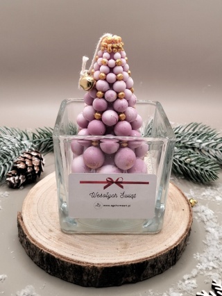 Świeca sojowa dekoracyjna w szkle różowa choinka