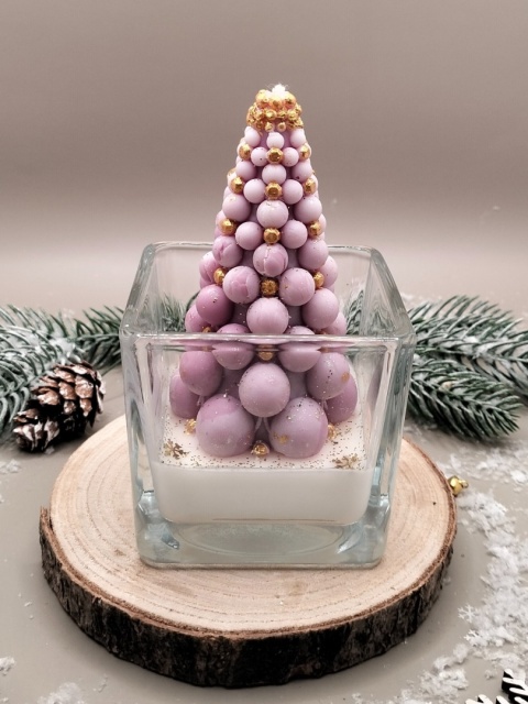 Świeca sojowa dekoracyjna w szkle różowa choinka