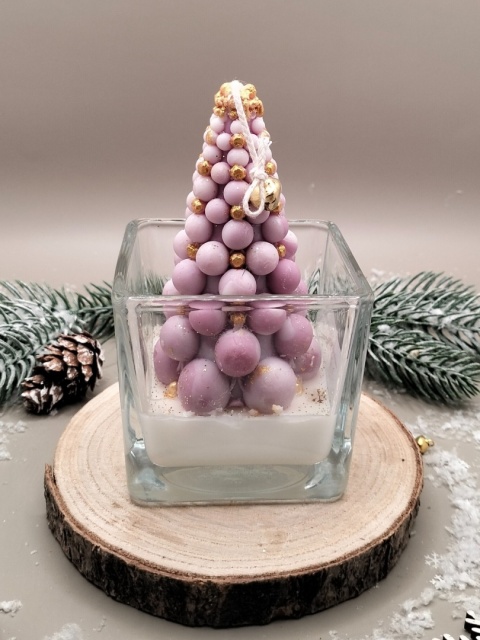 Świeca sojowa dekoracyjna w szkle różowa choinka