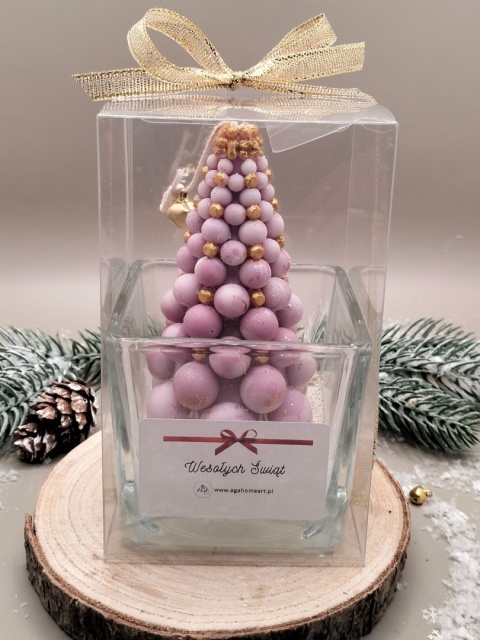 Świeca sojowa dekoracyjna w szkle różowa choinka