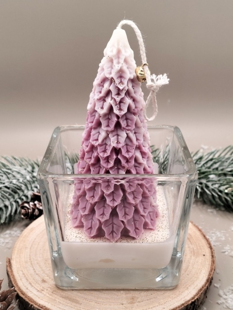 Świeca sojowa dekoracyjna w szkle różowa choinka – naturalna, świąteczna dekoracja