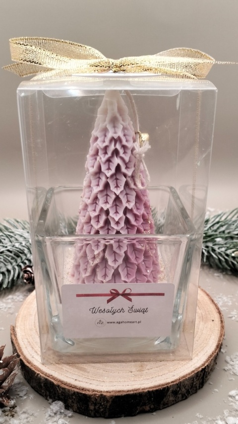 Świeca sojowa dekoracyjna w szkle różowa choinka – naturalna, świąteczna dekoracja