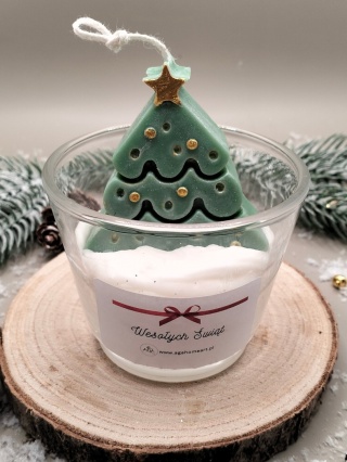 Świeca sojowa dekoracyjna w szkle zielona choinka – naturalna, świąteczna dekoracja