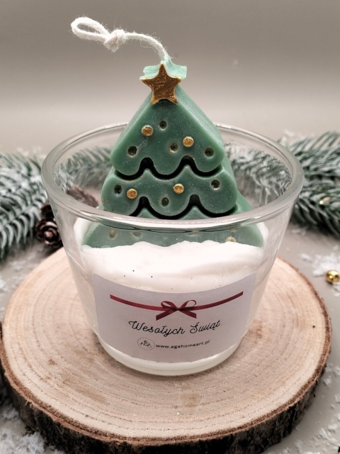 Świeca sojowa dekoracyjna w szkle zielona choinka – naturalna, świąteczna dekoracja