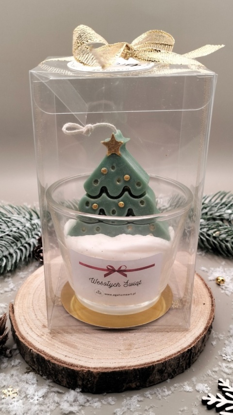 Świeca sojowa dekoracyjna w szkle zielona choinka – naturalna, świąteczna dekoracja