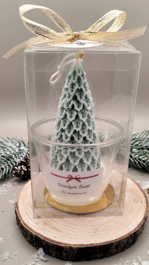 Świeca sojowa dekoracyjna w szkle zielona choinka – naturalna, świąteczna dekoracja
